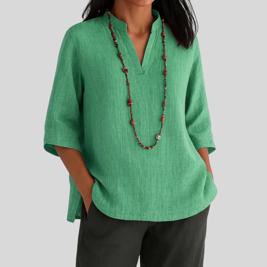 Alice Relaxed Fit Blouse | Notch V-Neck Elbow Sleeve Blouse