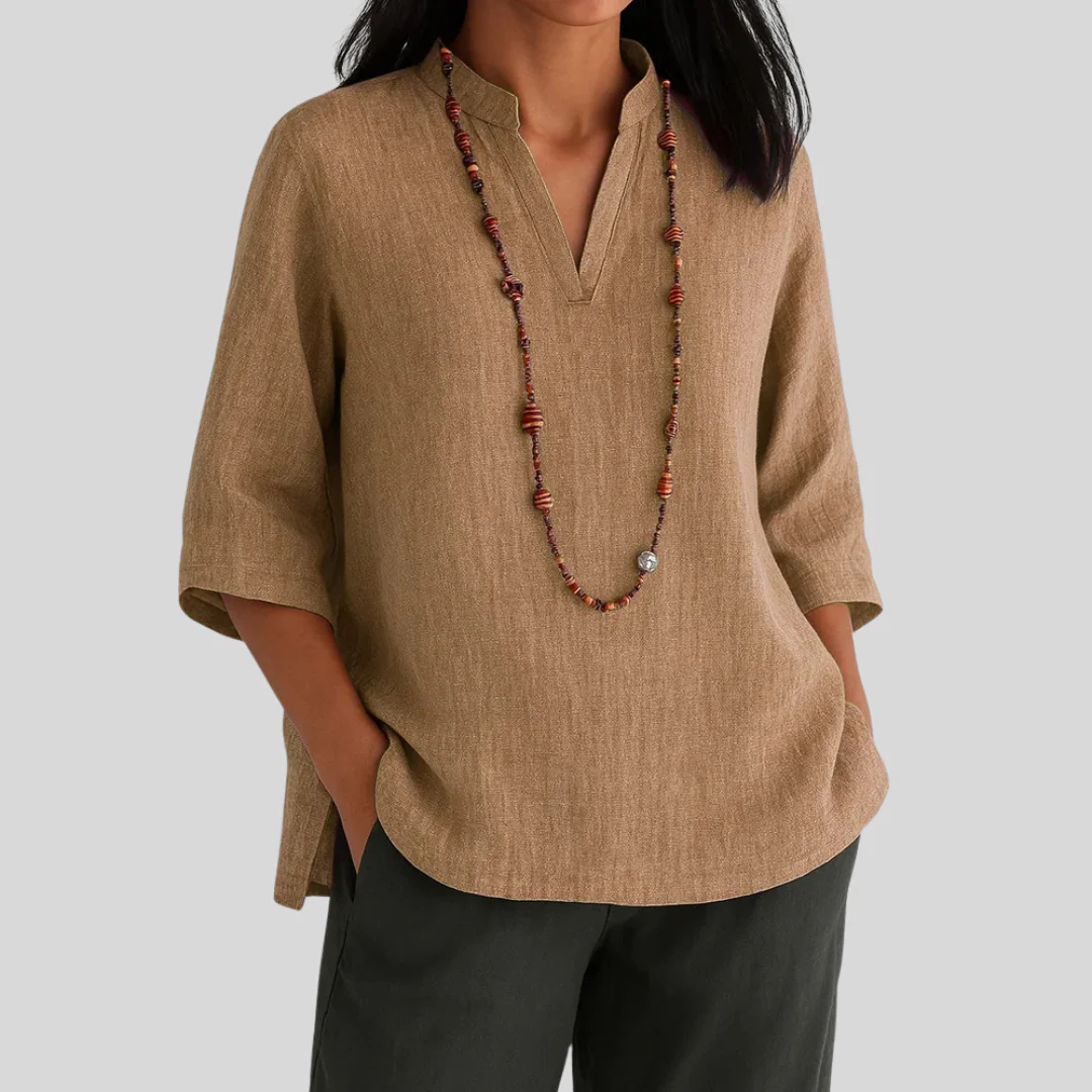 Alice Relaxed Fit Blouse | Notch V-Neck Elbow Sleeve Blouse - Image 3
