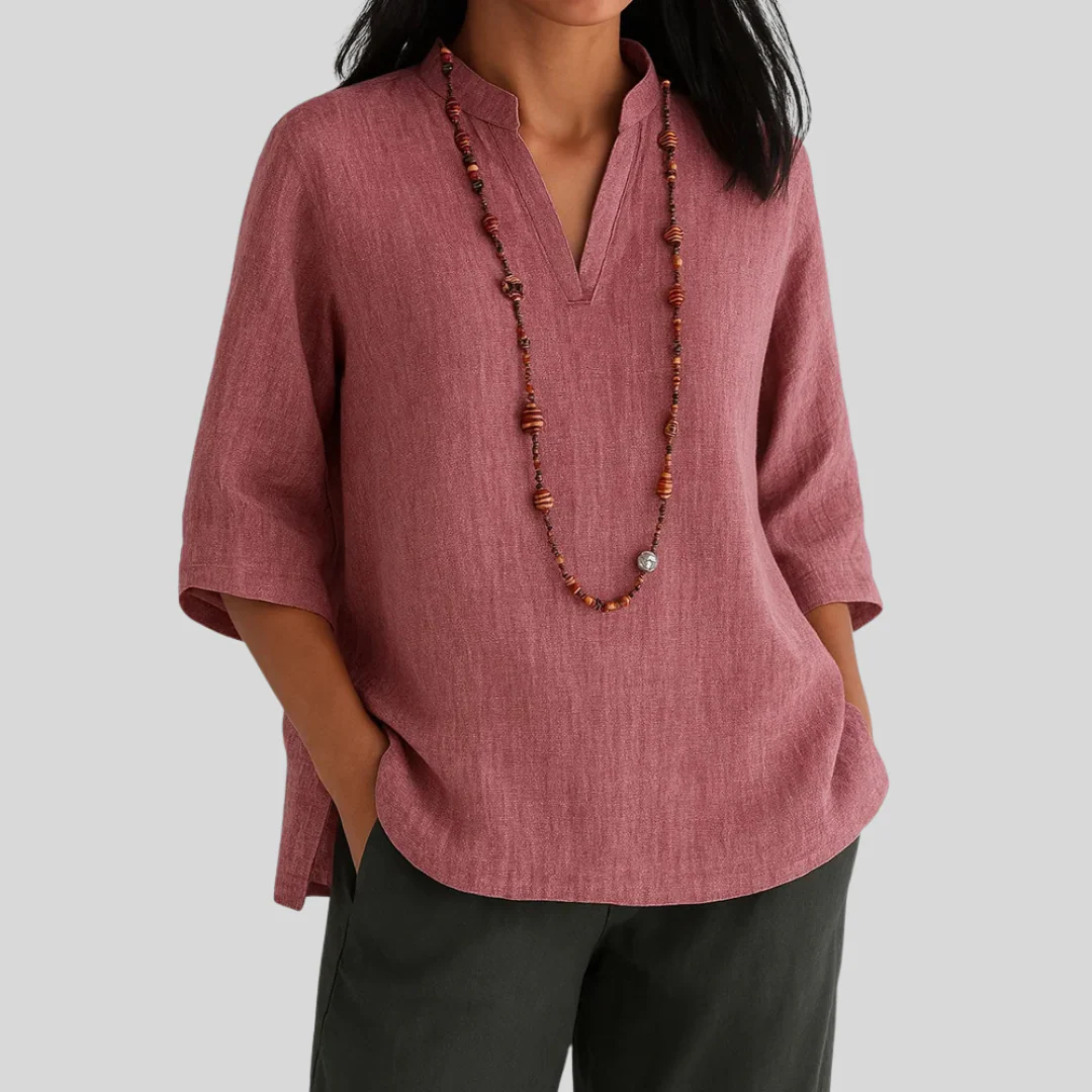 Alice Relaxed Fit Blouse | Notch V-Neck Elbow Sleeve Blouse - Image 4