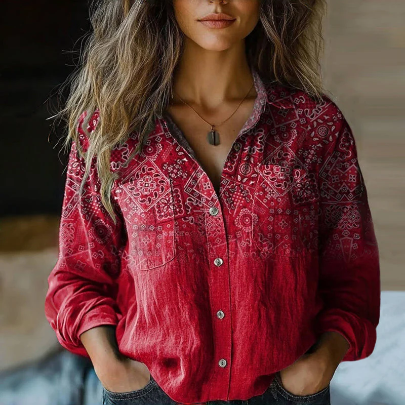 Amelia Relaxed Fit Button-Front Blouse | Bandana Print Collar Blouse