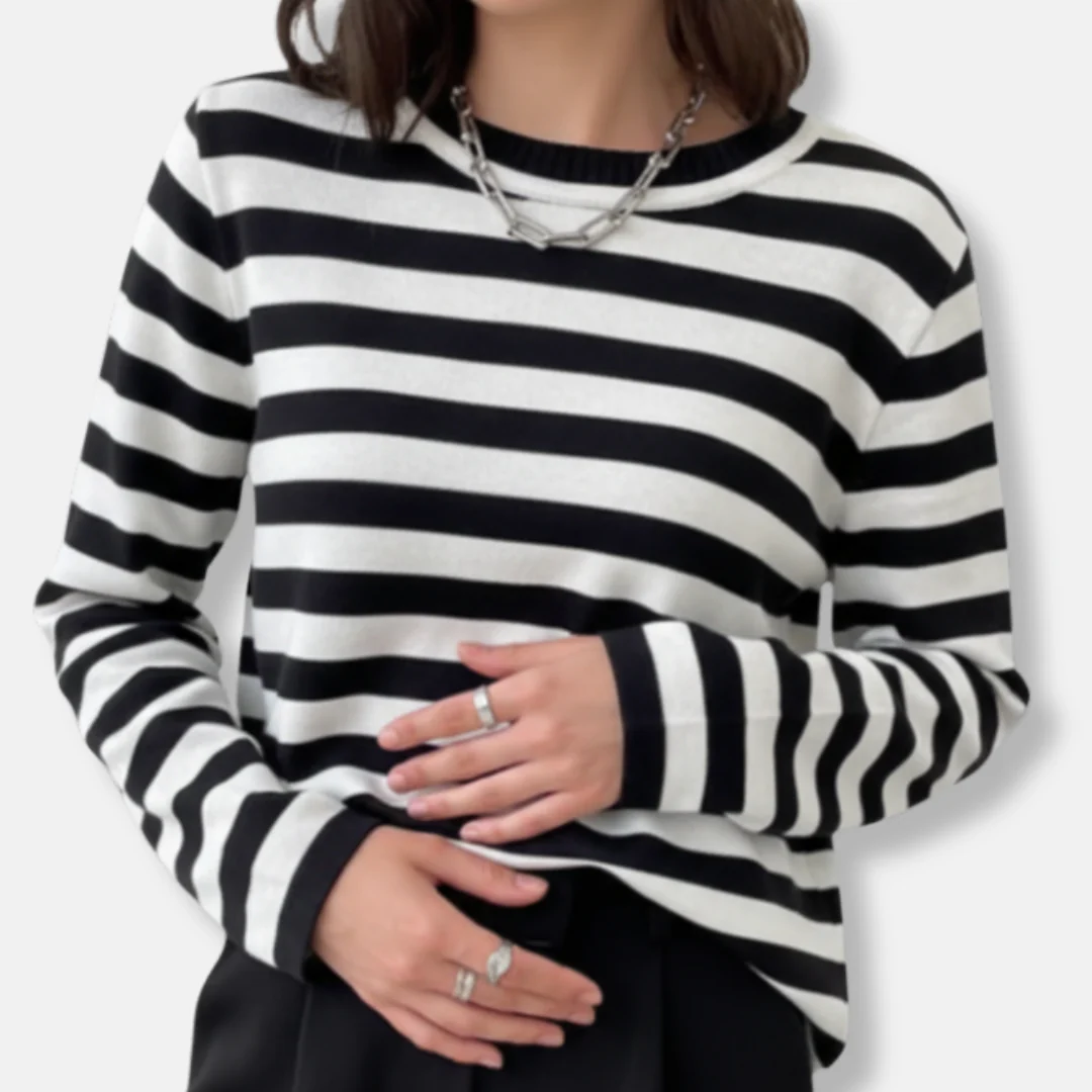 Anna Cotton Blend Relaxed Fit Long Sleeve Sweater | Striped Ribbed Crewneck Sweater - Image 5