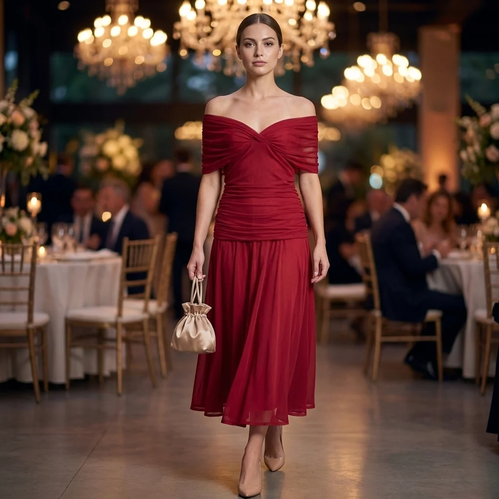 Aurora A-Line Midi Dress | Off-Shoulder Ruched Midi Dress - Image 2