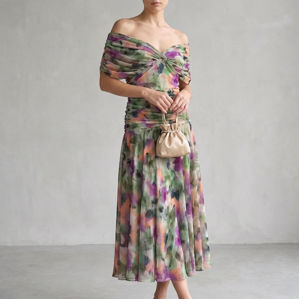 Aurora A-Line Midi Dress | Off-Shoulder Ruched Midi Dress - Image 3
