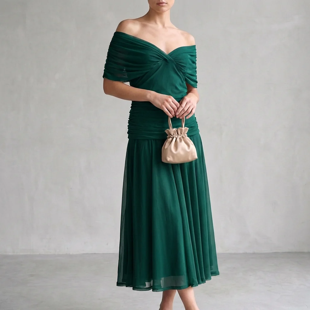 Aurora A-Line Midi Dress | Off-Shoulder Ruched Midi Dress - Image 5