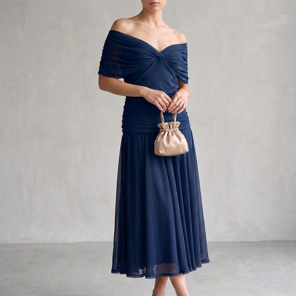 Aurora A-Line Midi Dress | Off-Shoulder Ruched Midi Dress - Image 7
