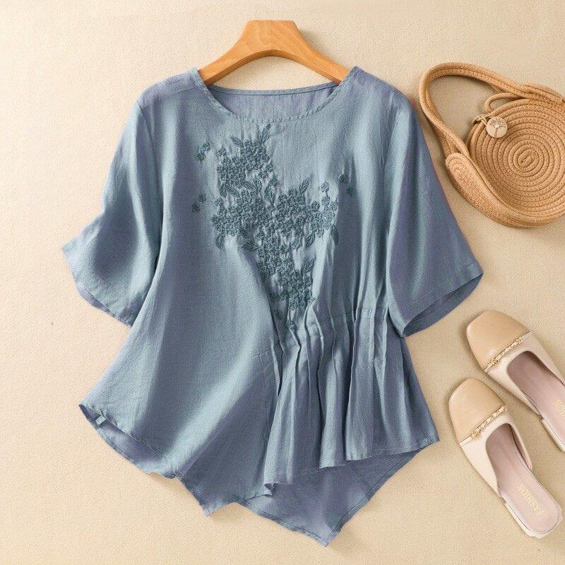 Aurora Relaxed Fit Blouse | Embroidered Crewneck Casual Blouse