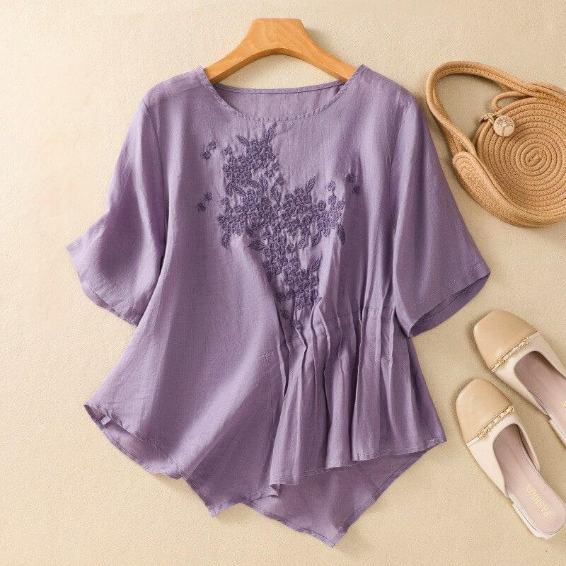 Aurora Relaxed Fit Blouse | Embroidered Crewneck Casual Blouse - Image 2