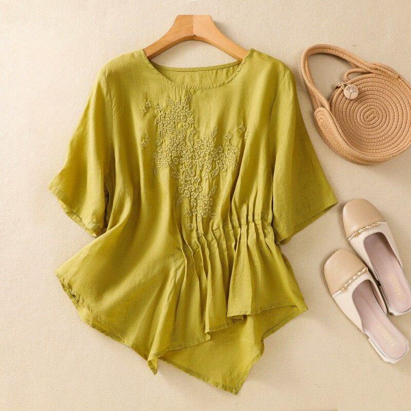Aurora Relaxed Fit Blouse | Embroidered Crewneck Casual Blouse - Image 3