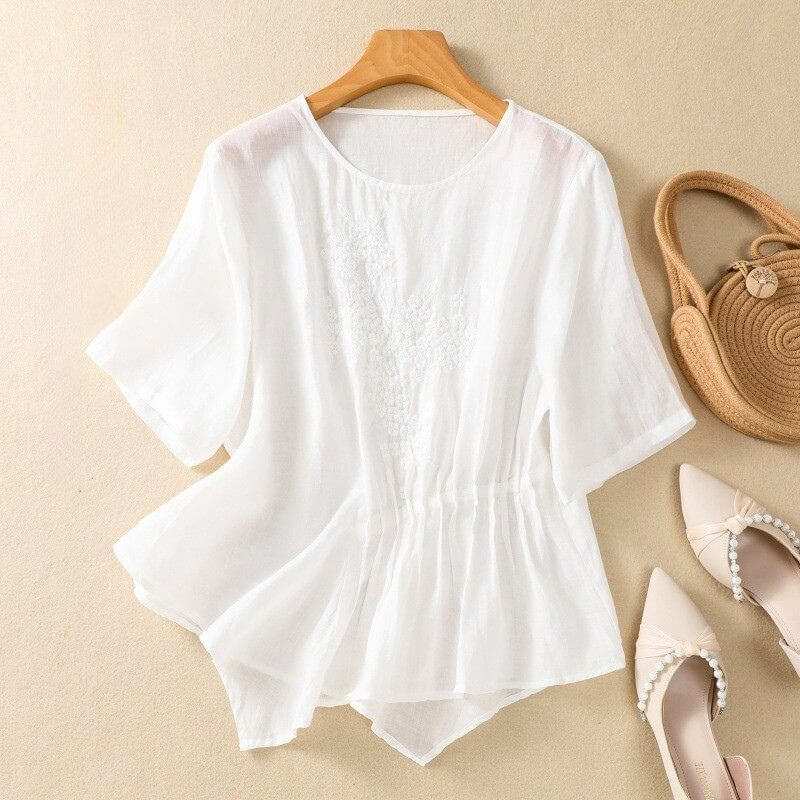 Aurora Relaxed Fit Blouse | Embroidered Crewneck Casual Blouse - Image 4