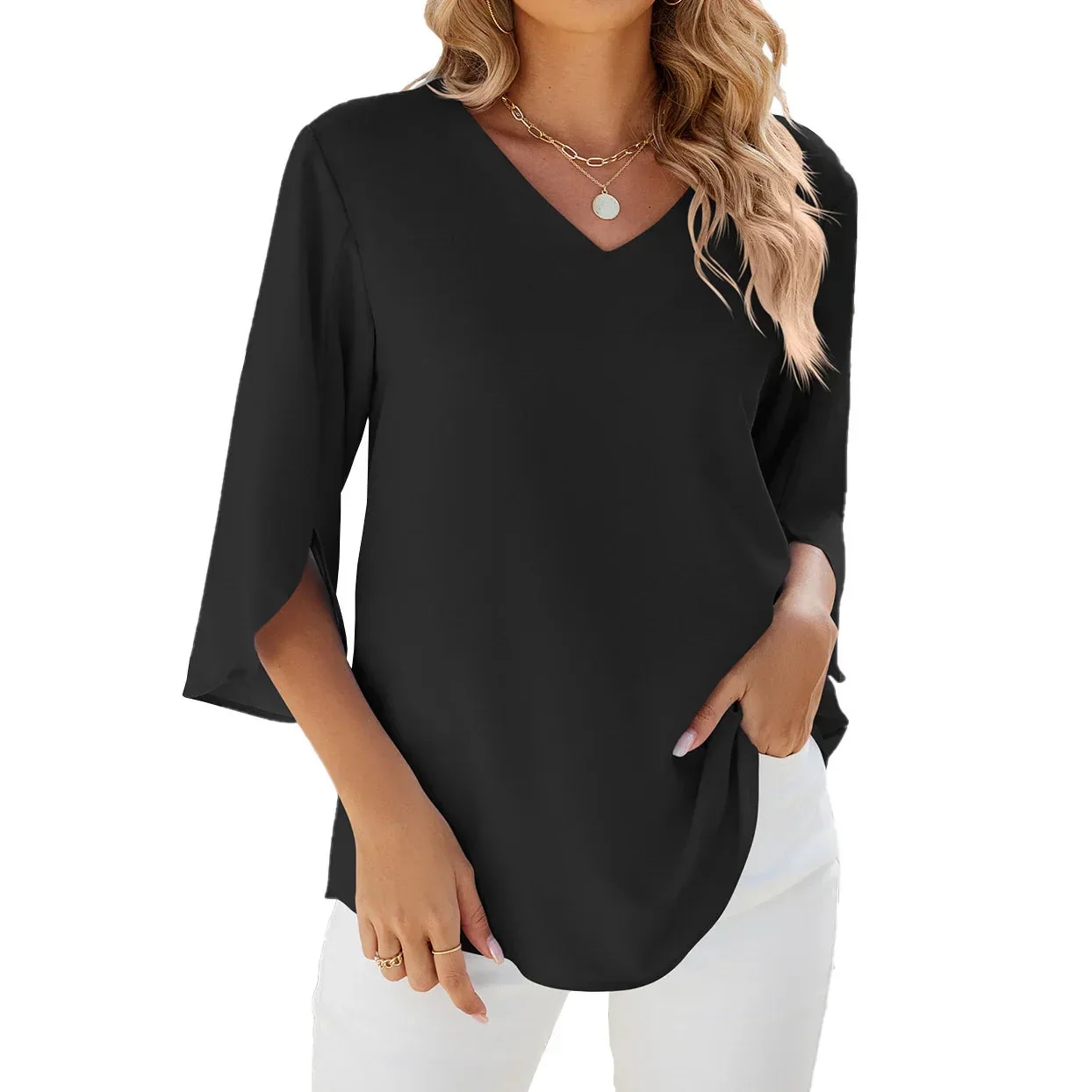 Bea Blouse | Mid-Sleeve V-Neck Chiffon Blouse - Image 3