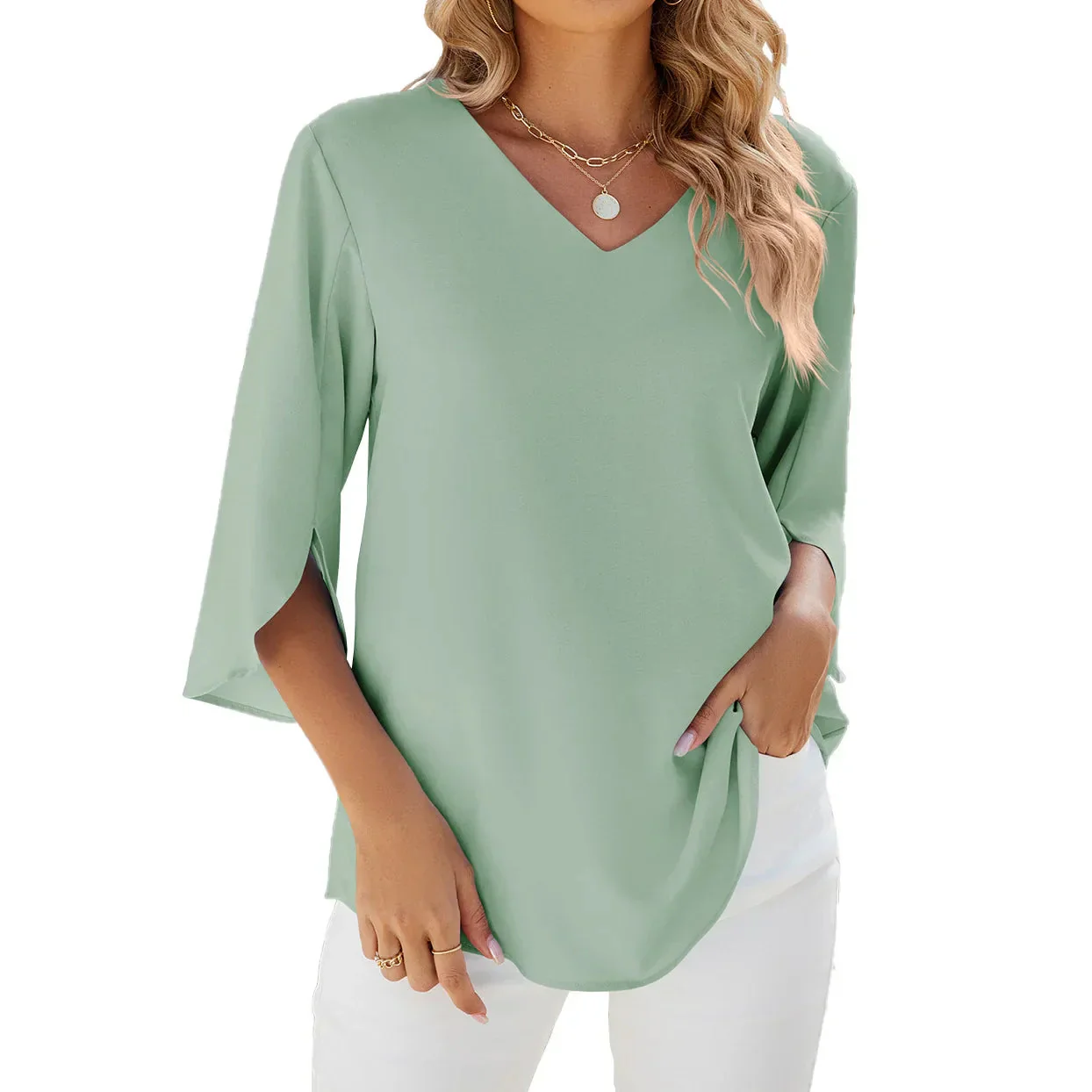 Bea Blouse | Mid-Sleeve V-Neck Chiffon Blouse - Image 4