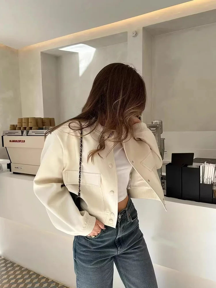 Clara Cropped Bomber Jacket | Snap Buttons Flap Pockets Bomber Jacket - Image 3