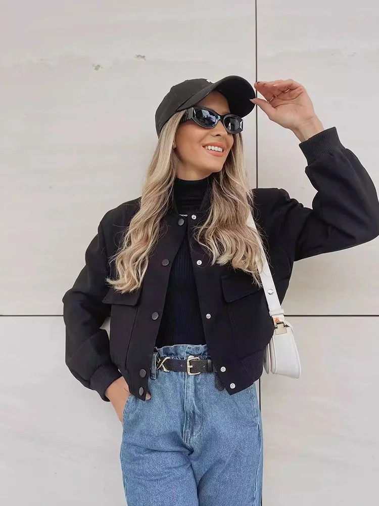 Clara Cropped Bomber Jacket | Snap Buttons Flap Pockets Bomber Jacket - Image 5