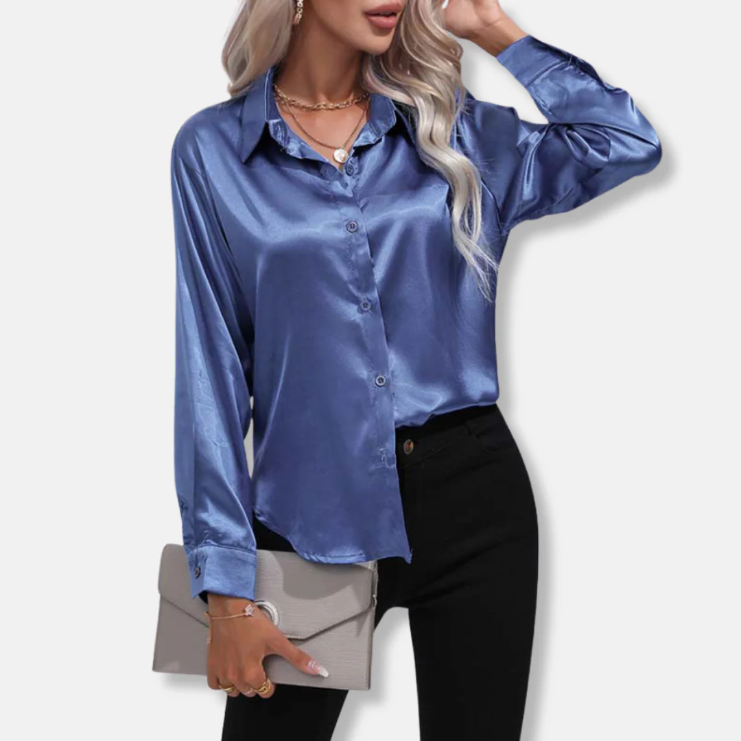 Clara Satin Button-Up Blouse | Collared Relaxed Fit Blouse - Image 2
