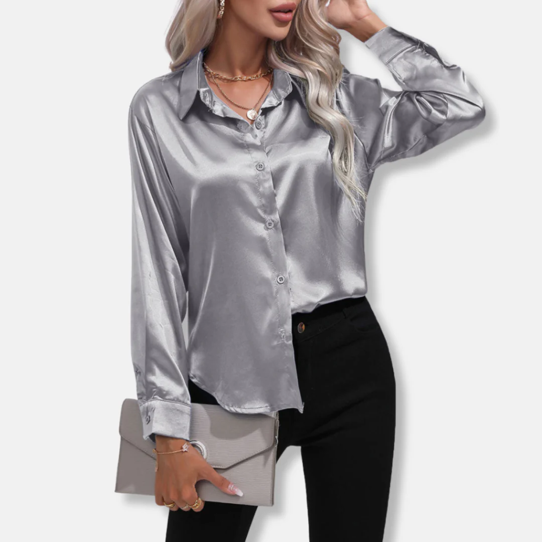 Clara Satin Button-Up Blouse | Collared Relaxed Fit Blouse - Image 3