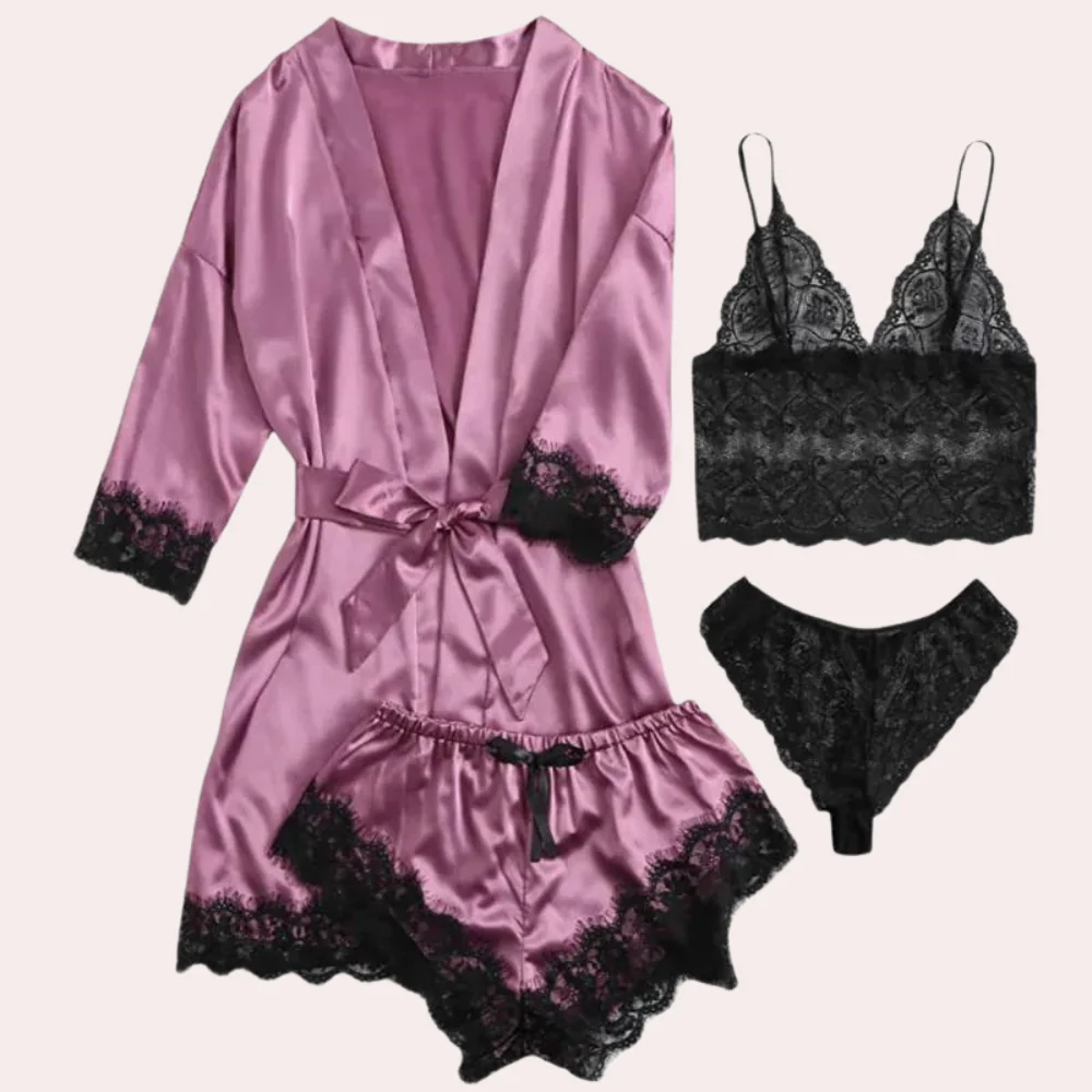 Fanni Set | Women's Satin Lace 4-Piece Pajama Set - Image 3