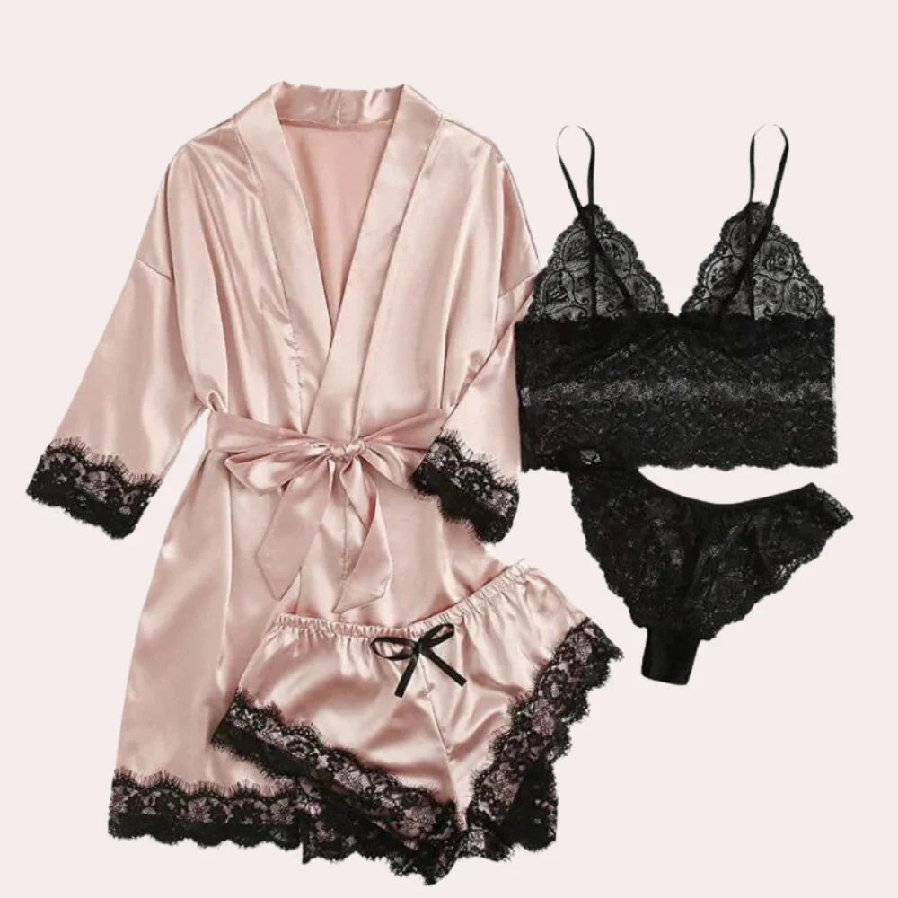 Fanni Set | Women's Satin Lace 4-Piece Pajama Set - Image 5