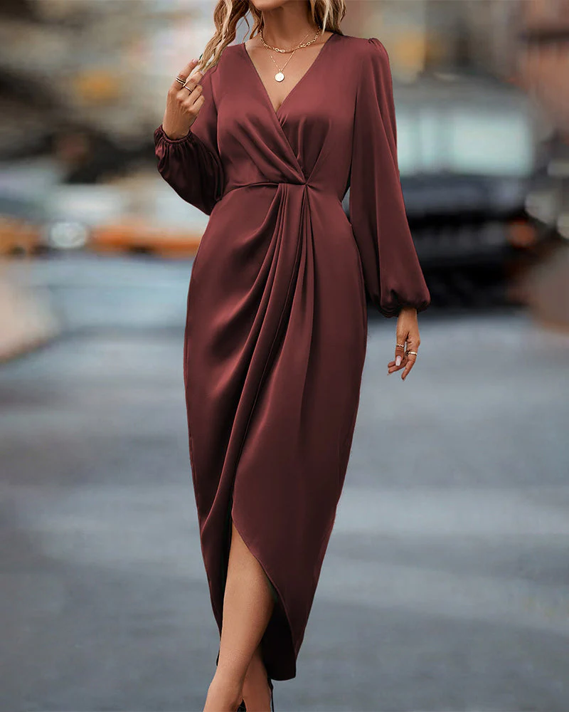 Federica Dress | Long Sleeve V-Neck Draped Midi Dress