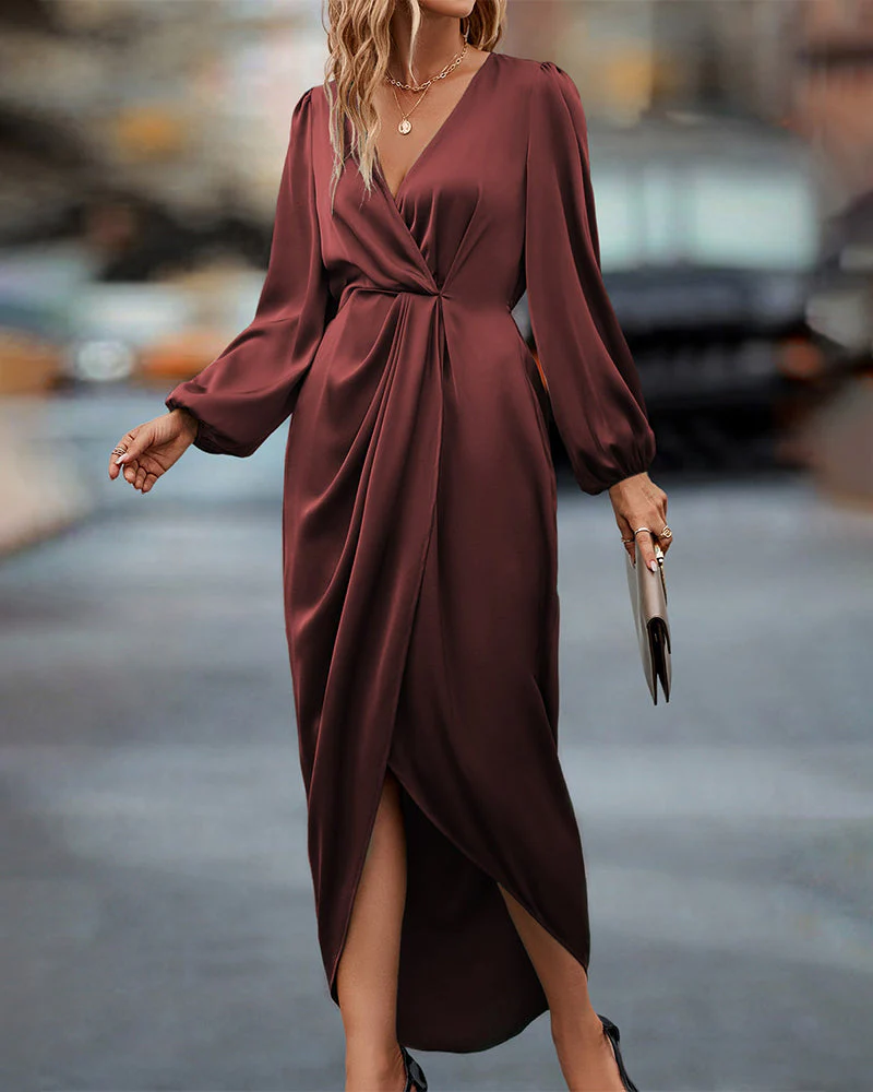 Federica Dress | Long Sleeve V-Neck Draped Midi Dress - Image 3