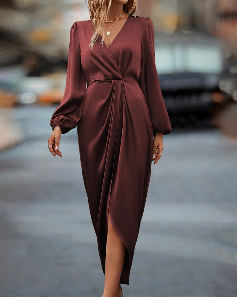 Federica Dress | Long Sleeve V-Neck Draped Midi Dress - Image 5