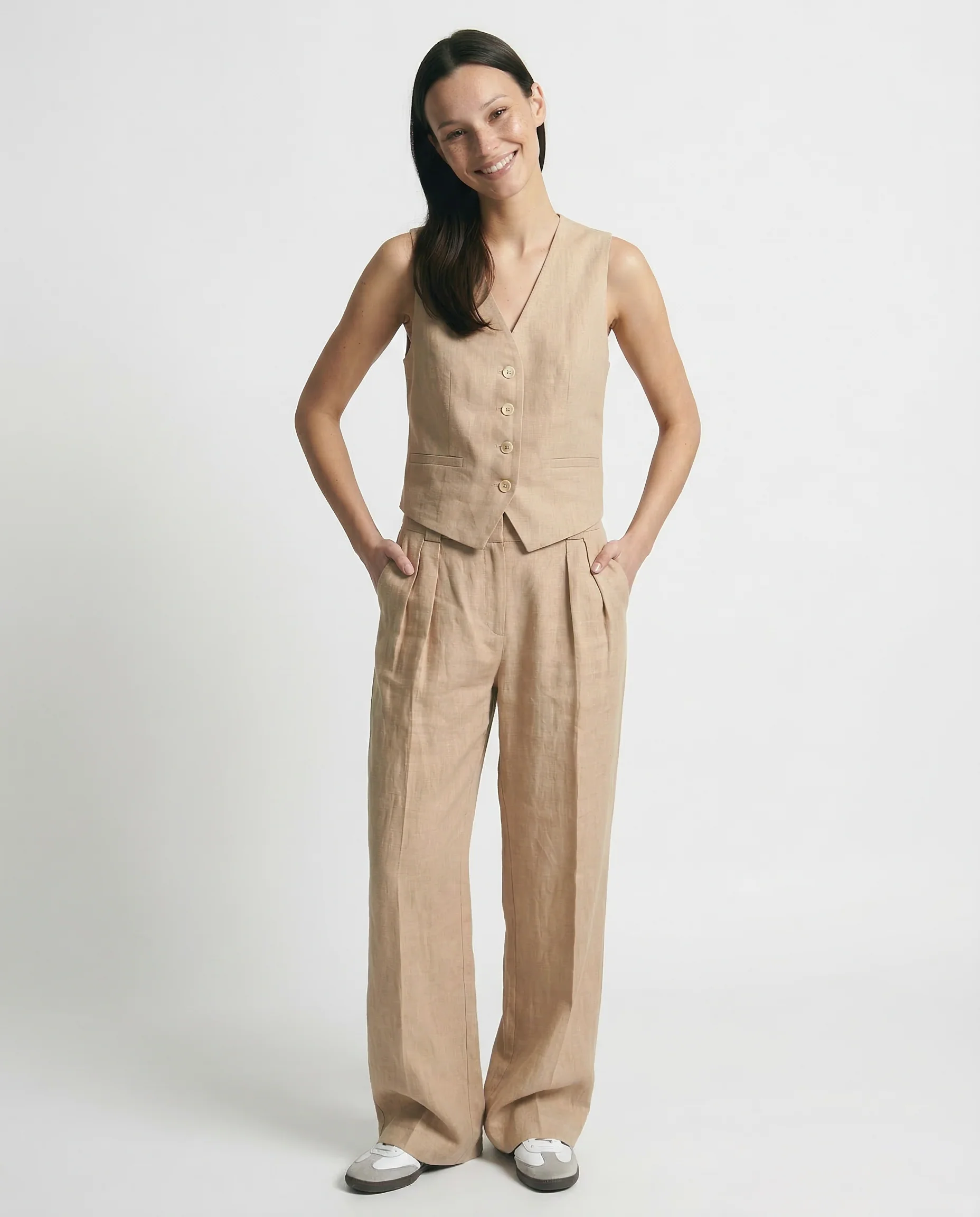Flora Tailored Fit Vest & Relaxed Fit Wide Leg Trousers Two-Piece Set | Button Front Casual Set - Image 2
