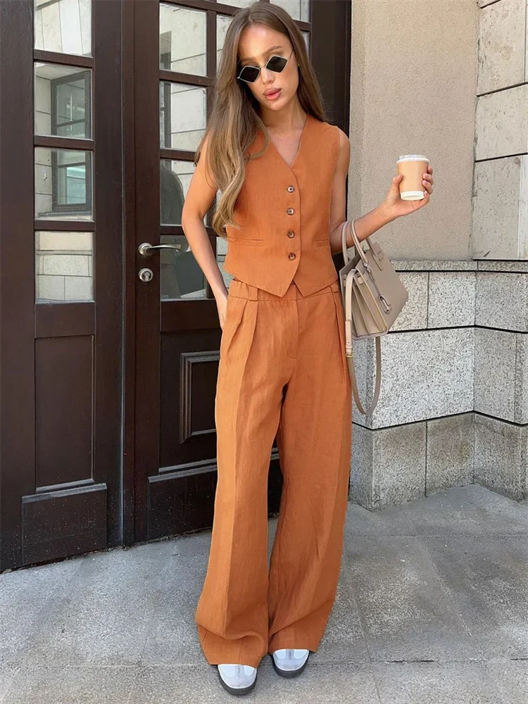Flora Tailored Fit Vest & Relaxed Fit Wide Leg Trousers Two-Piece Set | Button Front Casual Set - Image 4