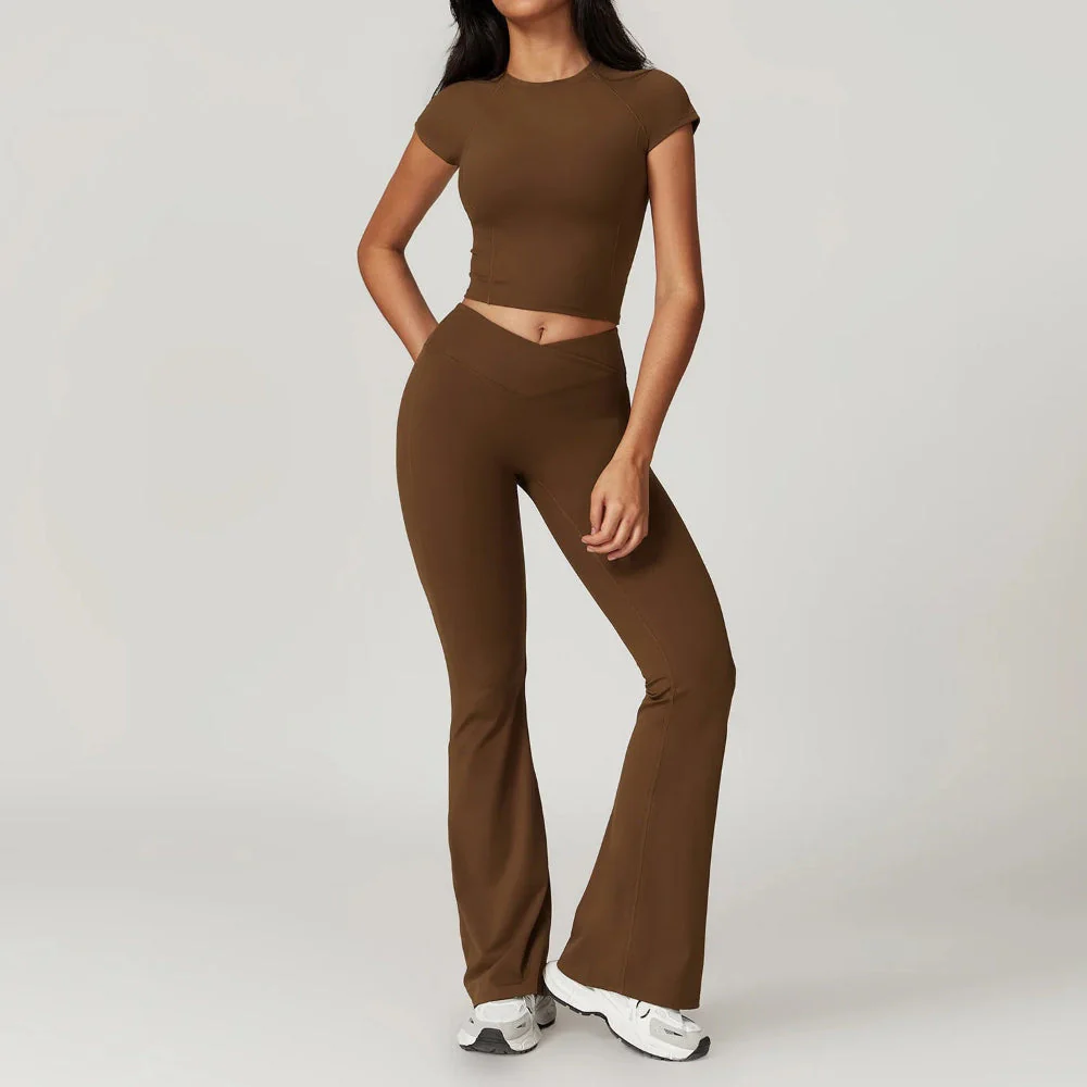 Freya Form-Fitting Crop Top And Fitted Flare Flare Leggings Two-Piece Set | Crewneck Cap Sleeve Crop Top And Flare Leggings - Image 2