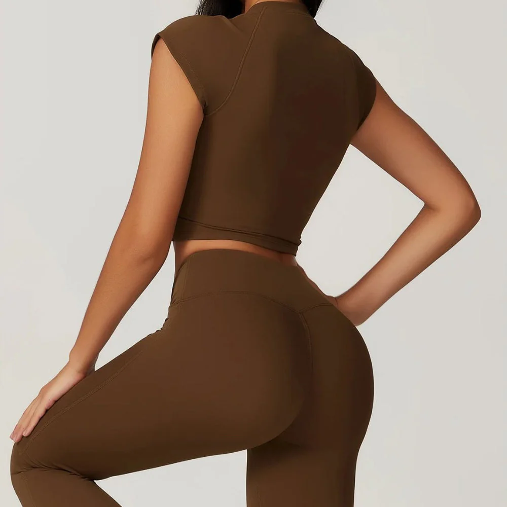Freya Form-Fitting Crop Top And Fitted Flare Flare Leggings Two-Piece Set | Crewneck Cap Sleeve Crop Top And Flare Leggings - Image 3
