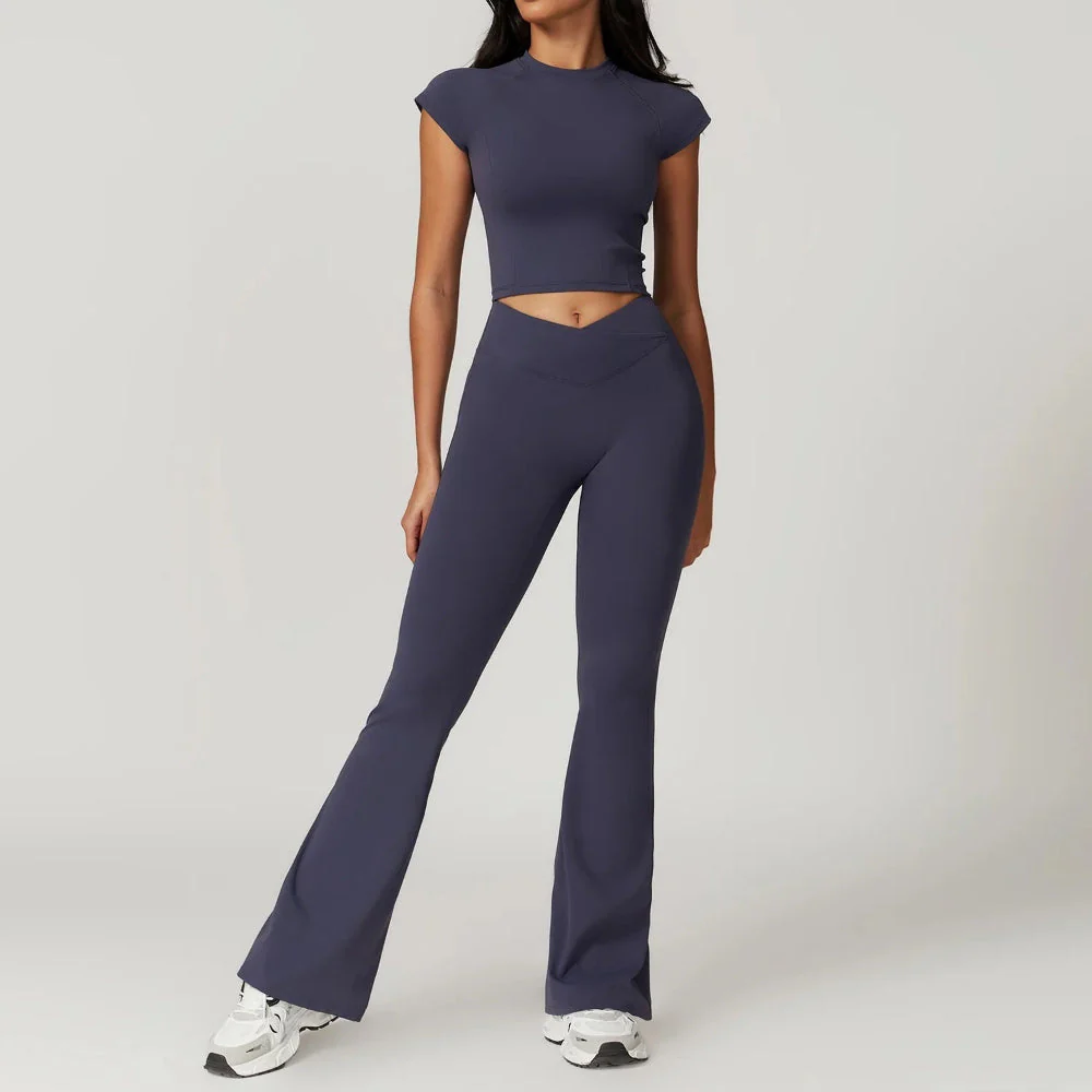 Freya Form-Fitting Crop Top And Fitted Flare Flare Leggings Two-Piece Set | Crewneck Cap Sleeve Crop Top And Flare Leggings - Image 4