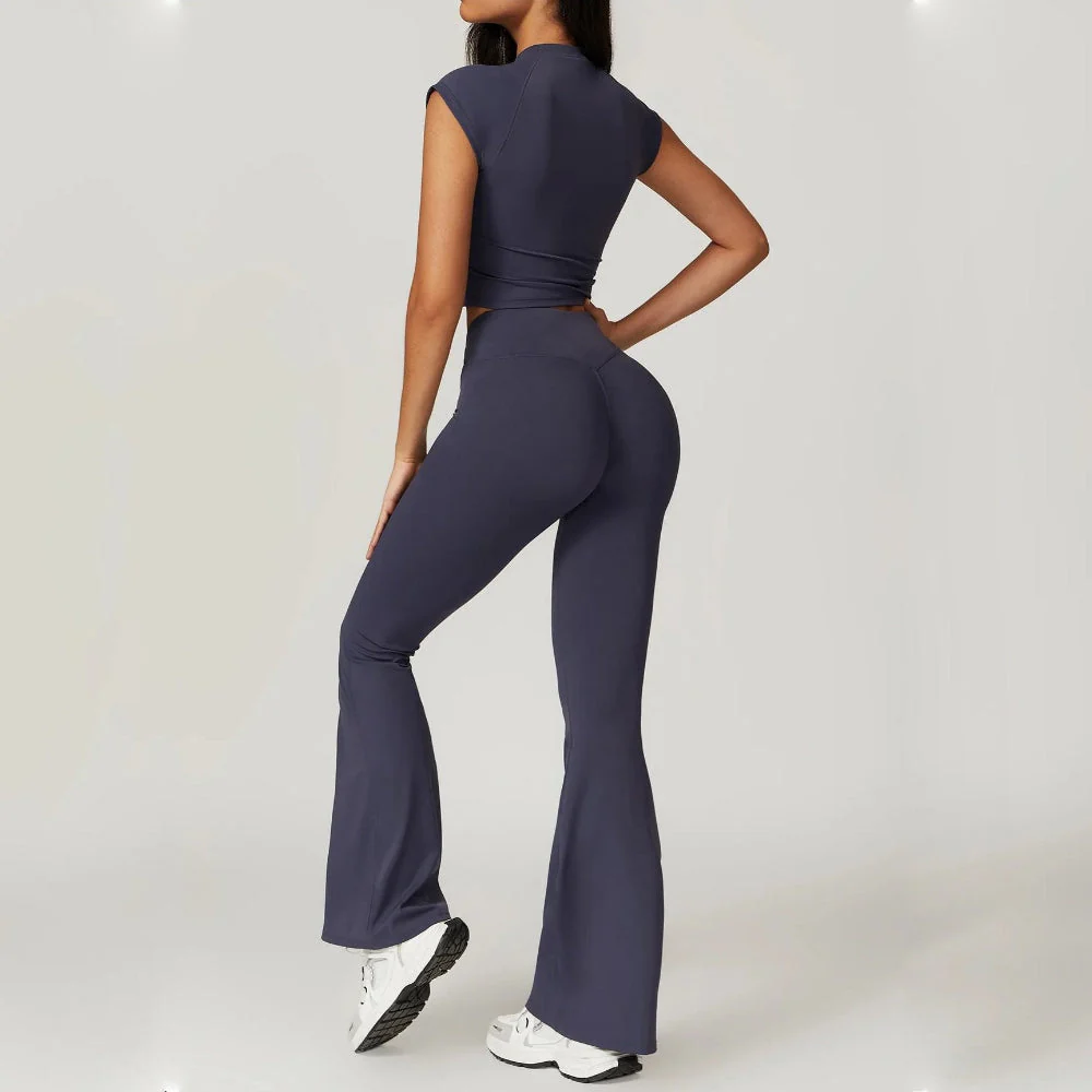 Freya Form-Fitting Crop Top And Fitted Flare Flare Leggings Two-Piece Set | Crewneck Cap Sleeve Crop Top And Flare Leggings - Image 5