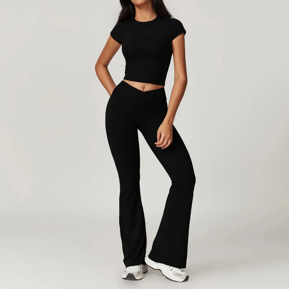Freya Form-Fitting Crop Top And Fitted Flare Flare Leggings Two-Piece Set | Crewneck Cap Sleeve Crop Top And Flare Leggings - Image 6