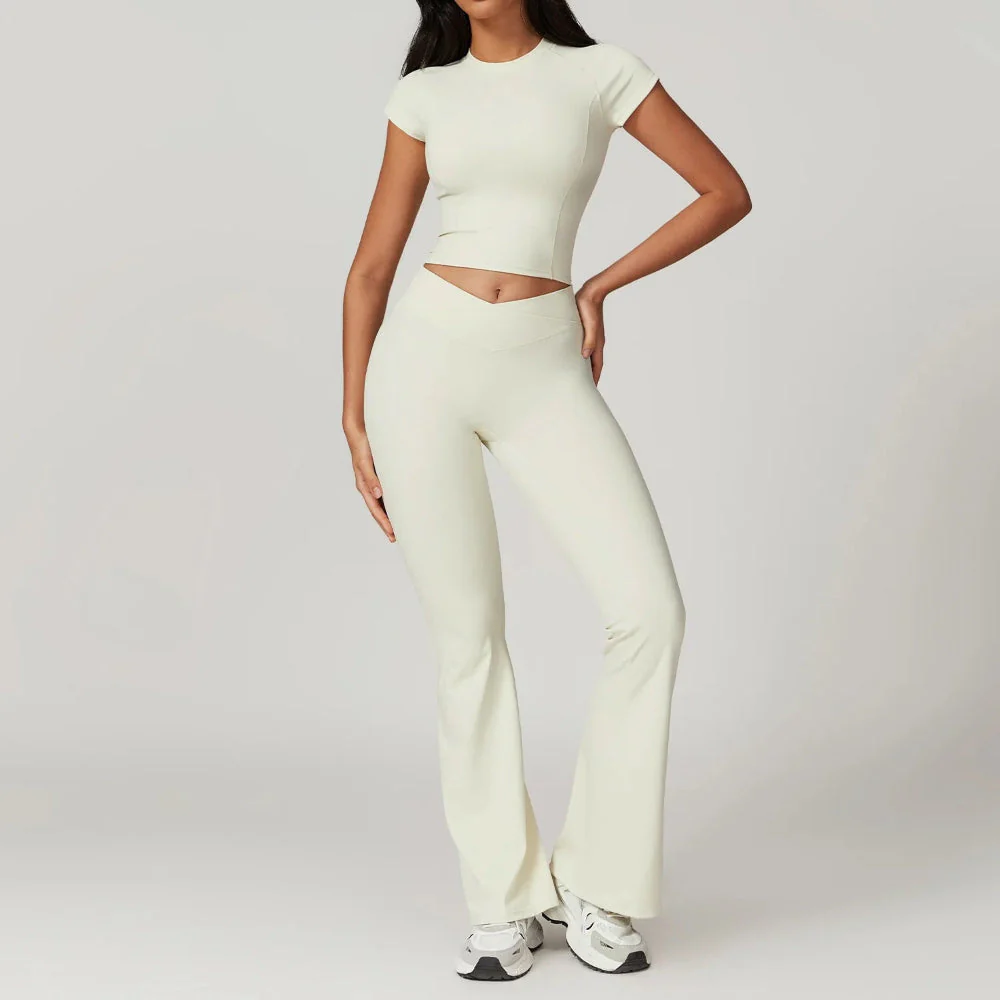 Freya Form-Fitting Crop Top And Fitted Flare Flare Leggings Two-Piece Set | Crewneck Cap Sleeve Crop Top And Flare Leggings - Image 7