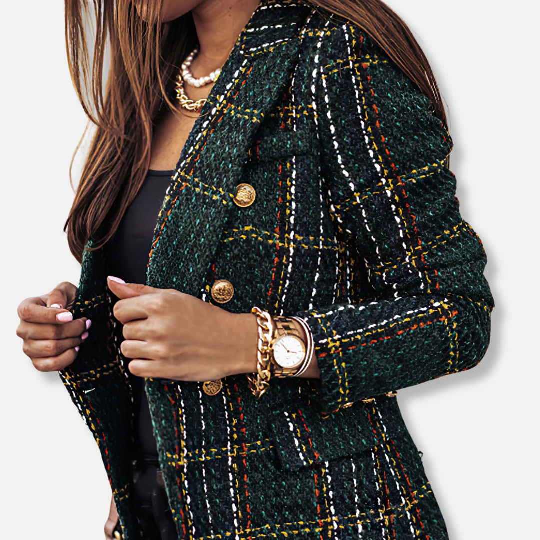 Freya Double-Breasted Blazer | Check Pattern Flap Pockets Blazer - Image 2