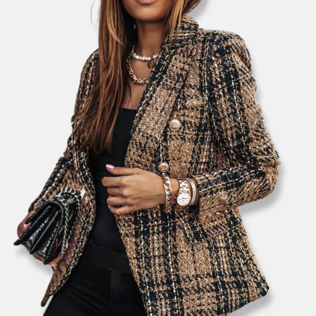 Freya Double-Breasted Blazer | Check Pattern Flap Pockets Blazer - Image 3