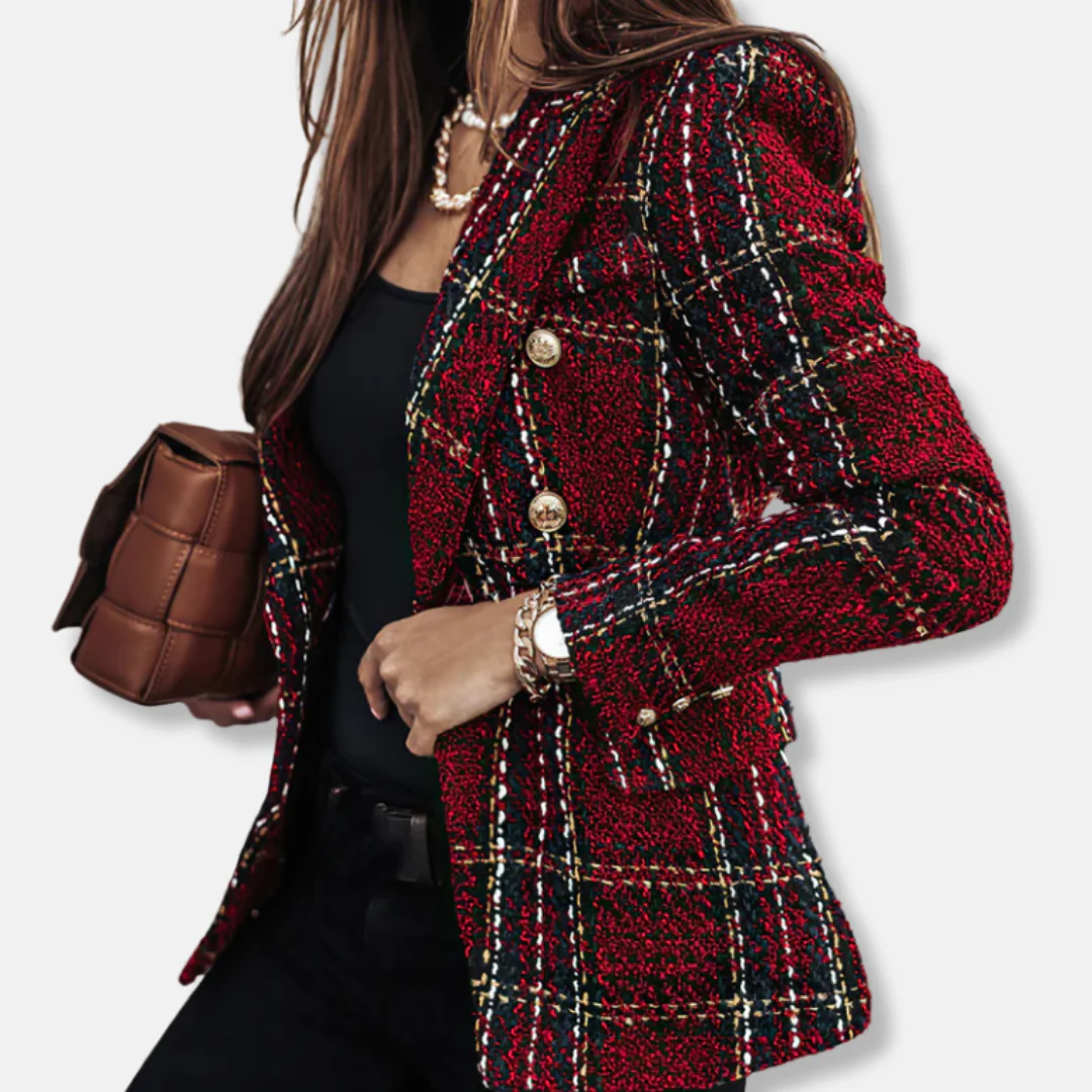 Freya Double-Breasted Blazer | Check Pattern Flap Pockets Blazer - Image 6