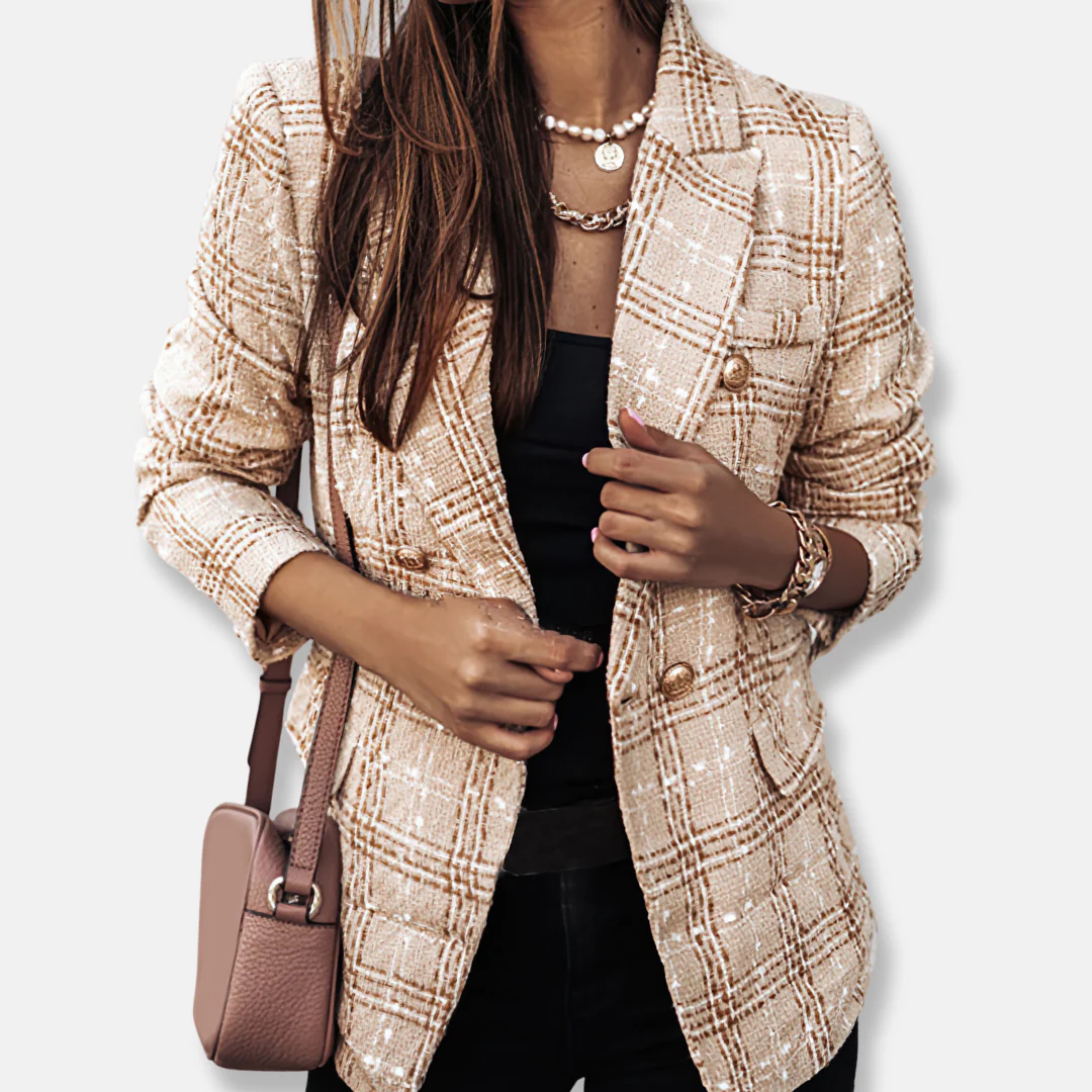 Freya Double-Breasted Blazer | Check Pattern Flap Pockets Blazer - Image 7
