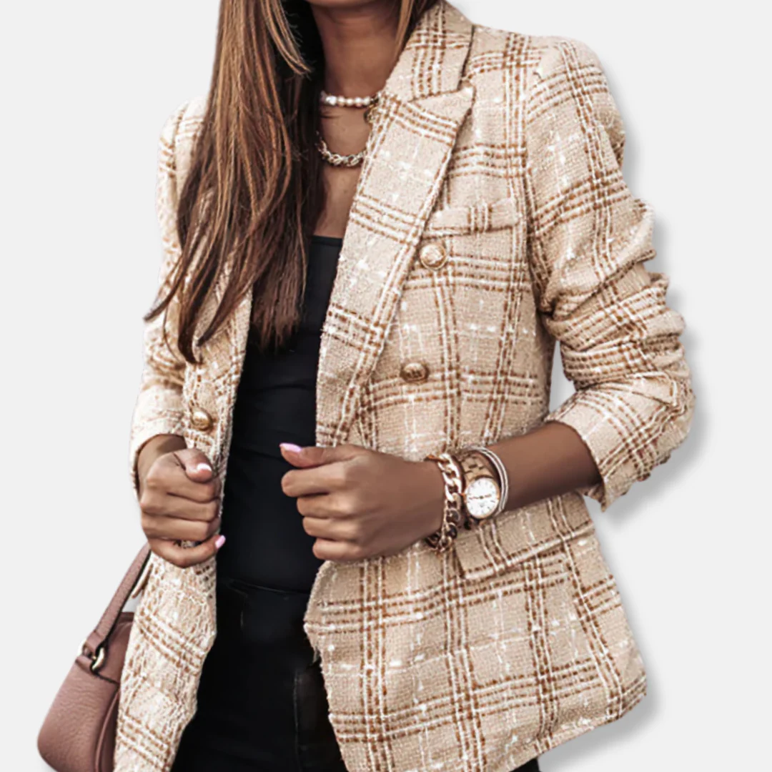 Freya Double-Breasted Blazer | Check Pattern Flap Pockets Blazer - Image 8