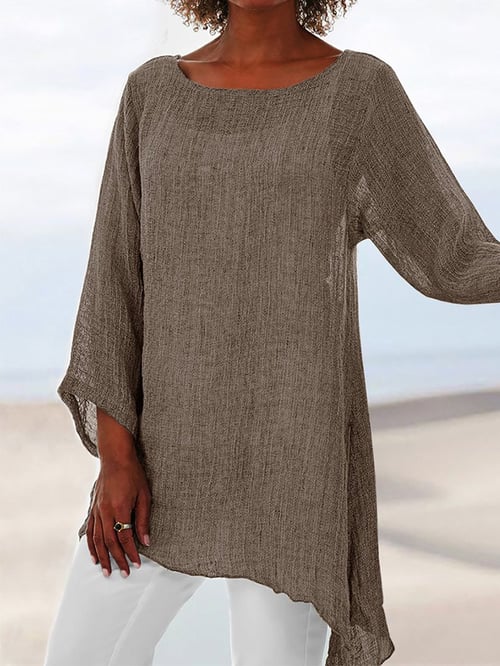 Glenys Top | Long Sleeve Round Neck Shirt with Asymmetrical Hem - Image 3