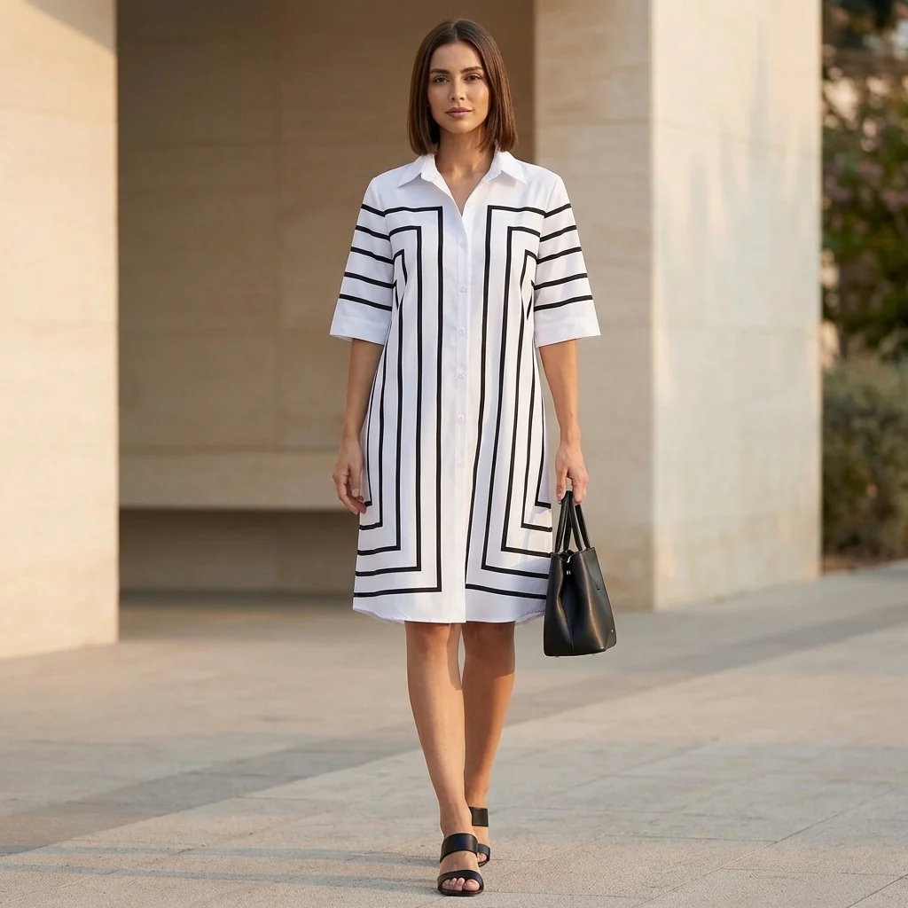 Grace A-Line Dress | Striped Button Front Midi Shirt Dress - Image 2