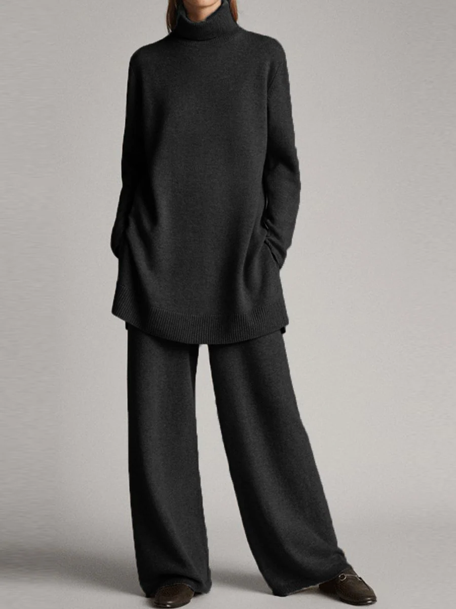 Grace Relaxed Fit Turtleneck Tunic Sweater Wide Leg Trousers Two-Piece Set | Ribbed Cuffs Side Pockets Loungewear