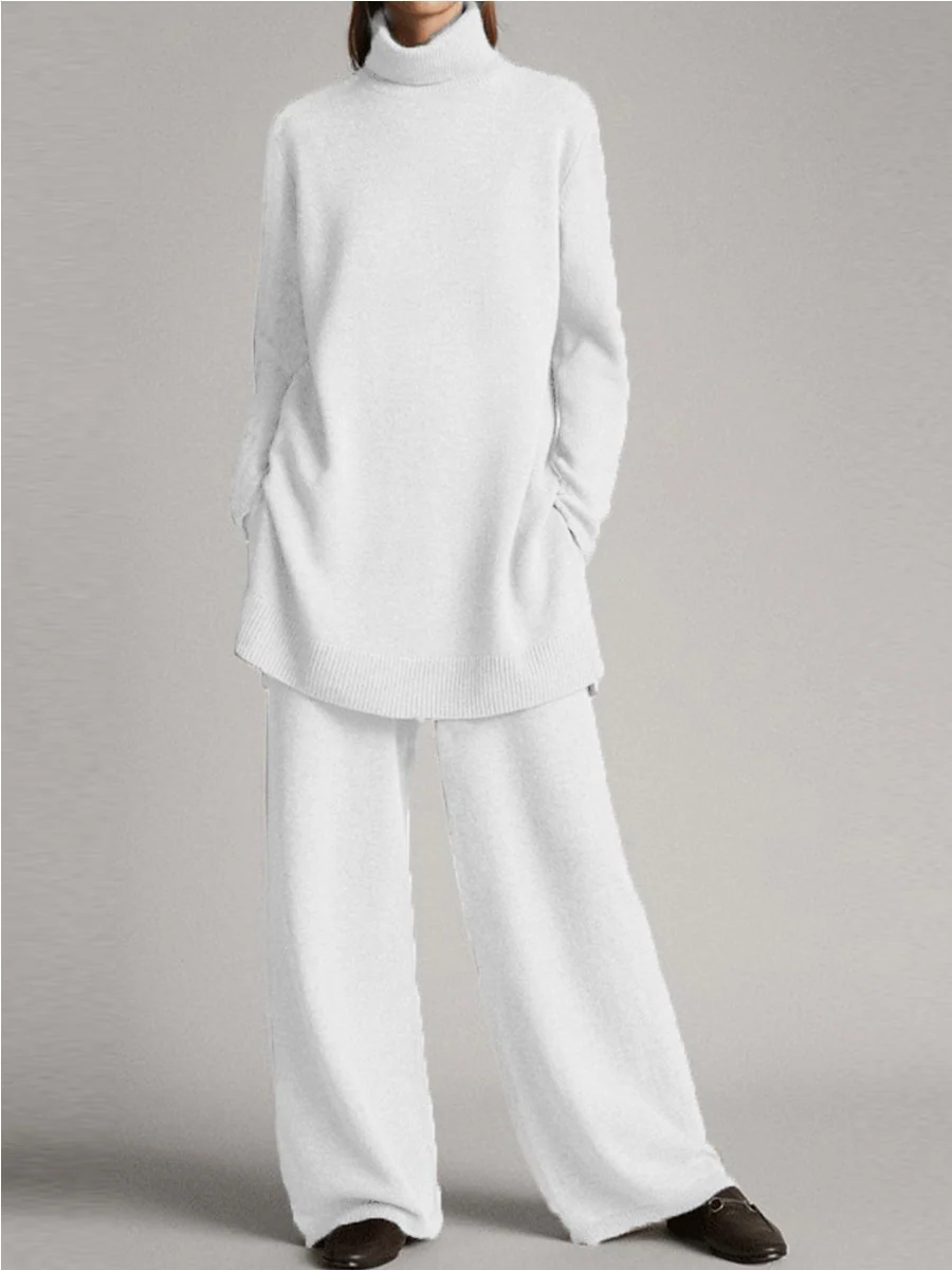 Grace Relaxed Fit Turtleneck Tunic Sweater Wide Leg Trousers Two-Piece Set | Ribbed Cuffs Side Pockets Loungewear - Image 2