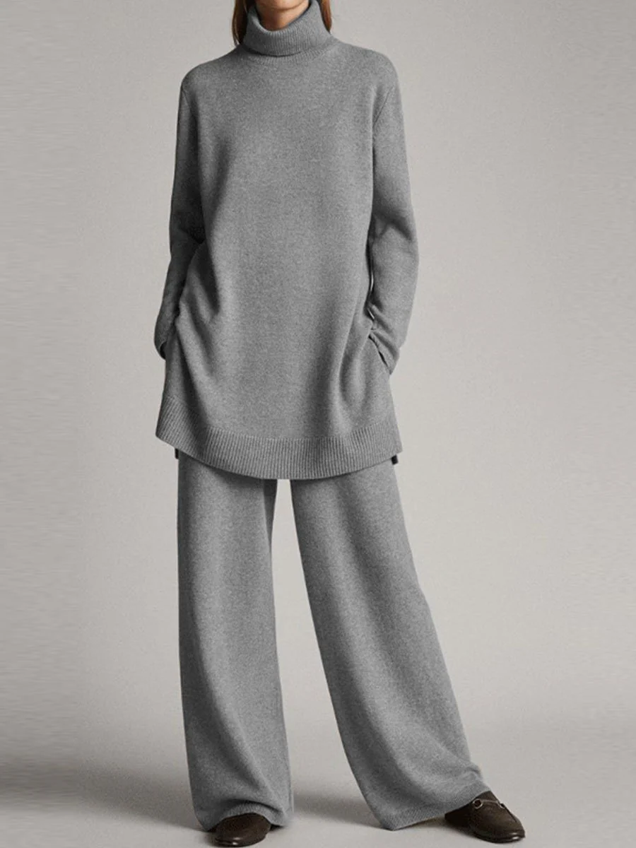 Grace Relaxed Fit Turtleneck Tunic Sweater Wide Leg Trousers Two-Piece Set | Ribbed Cuffs Side Pockets Loungewear - Image 3