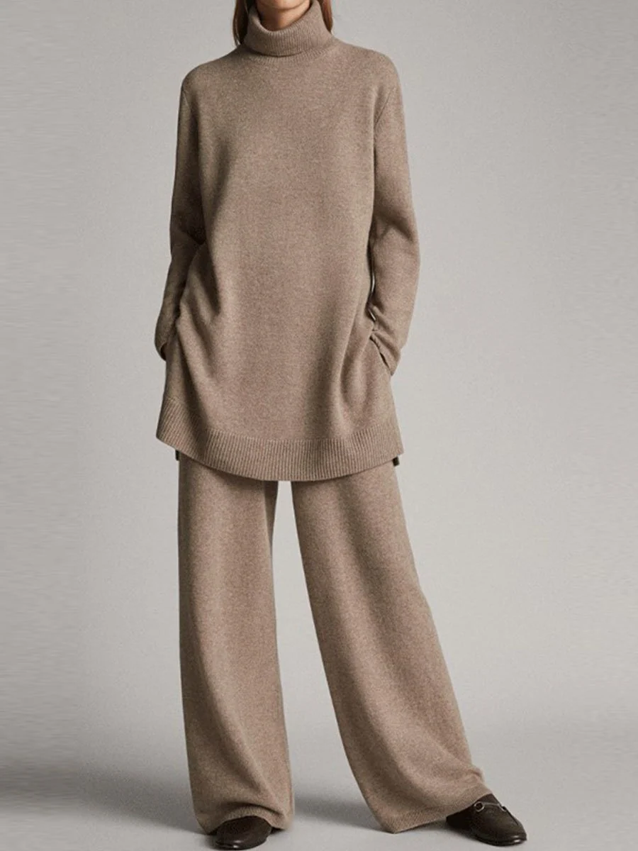 Grace Relaxed Fit Turtleneck Tunic Sweater Wide Leg Trousers Two-Piece Set | Ribbed Cuffs Side Pockets Loungewear - Image 4