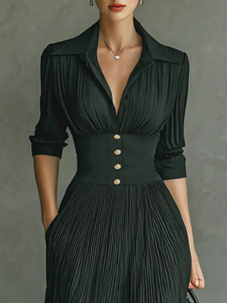 Iris Fitted Waist Maxi Dress | Collared V-Neck 3/4 Sleeve Dress - Image 2