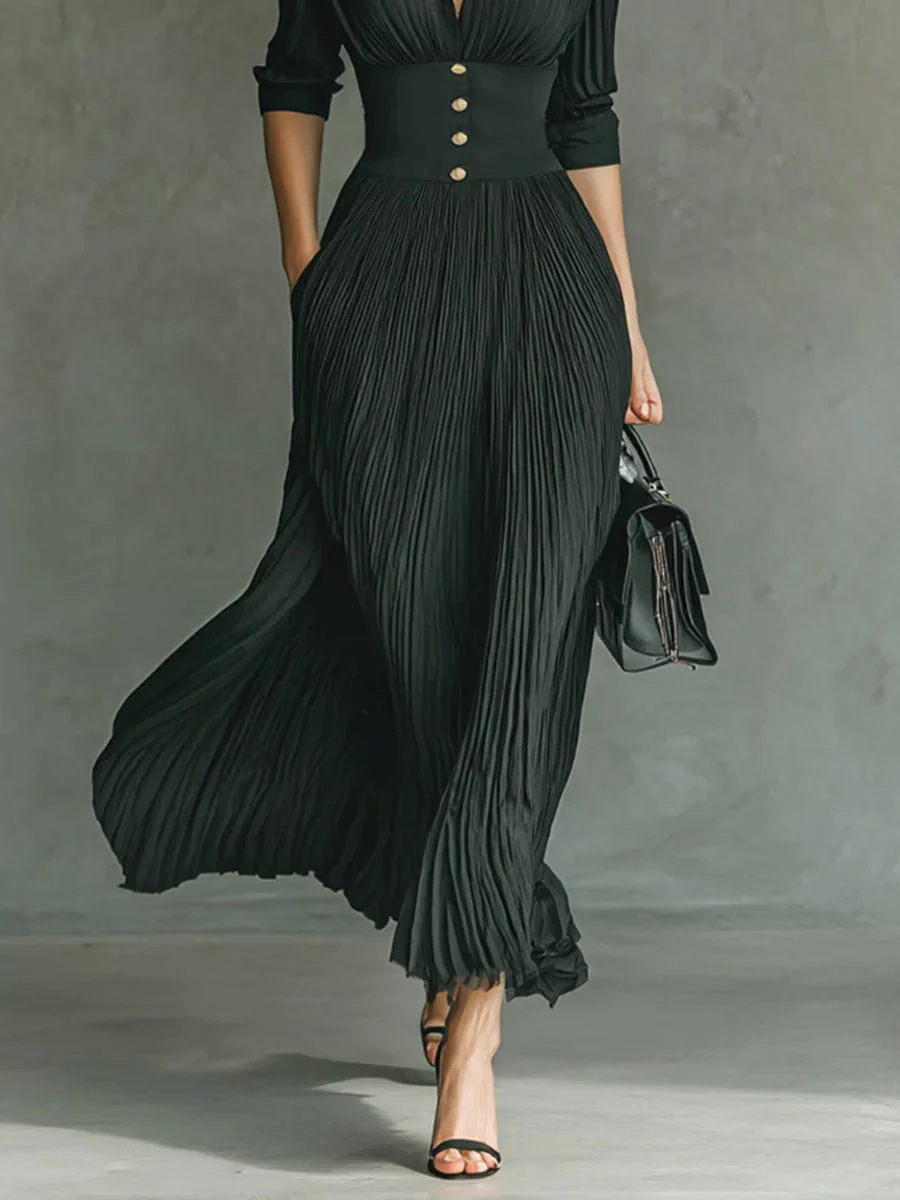 Iris Fitted Waist Maxi Dress | Collared V-Neck 3/4 Sleeve Dress - Image 4