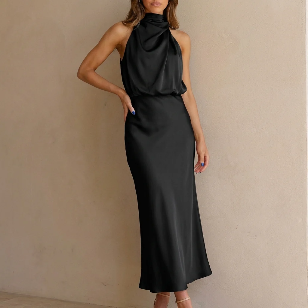 Isabella Draped Halter Neck Midi Dress | Sleeveless Body Skimming Dress - Image 2
