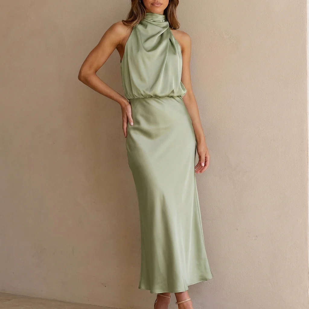 Isabella Draped Halter Neck Midi Dress | Sleeveless Body Skimming Dress - Image 4