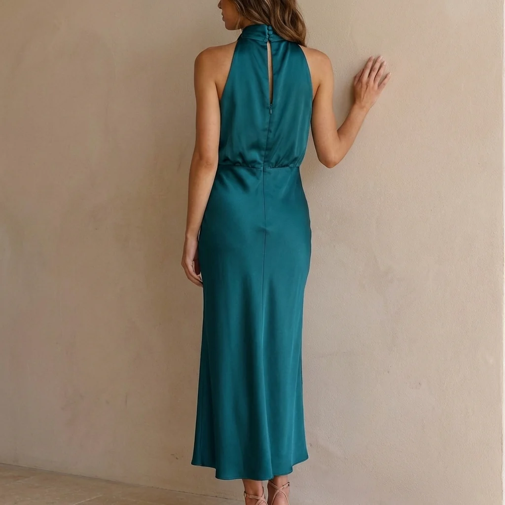 Isabella Draped Halter Neck Midi Dress | Sleeveless Body Skimming Dress - Image 7