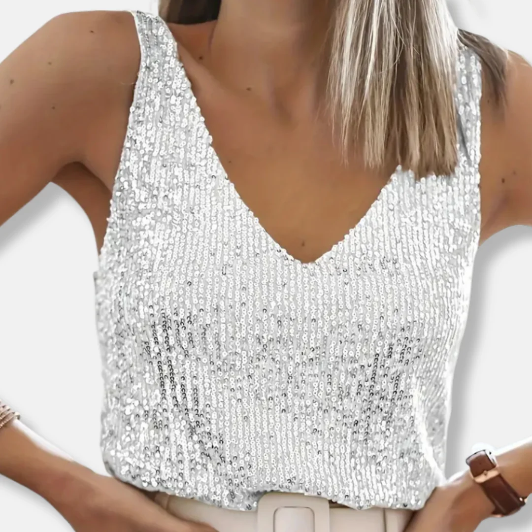 Isabella Sequined V-Neck Sequin Top | Sleeveless Hip-Length Top - Image 4