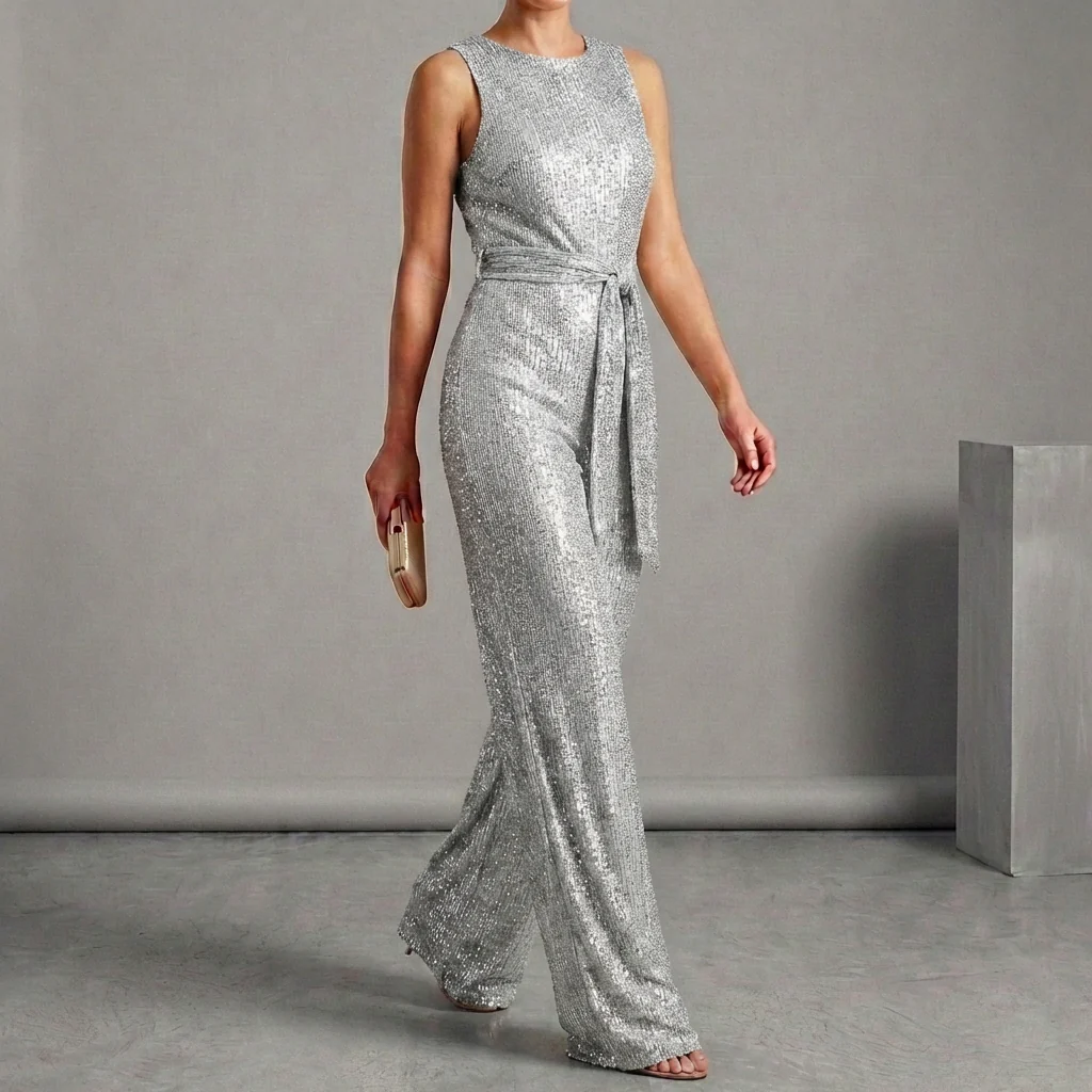 Isabella Wide Leg Glitter Embellished Jumpsuit | Belted Sleeveless Jumpsuit - Image 4